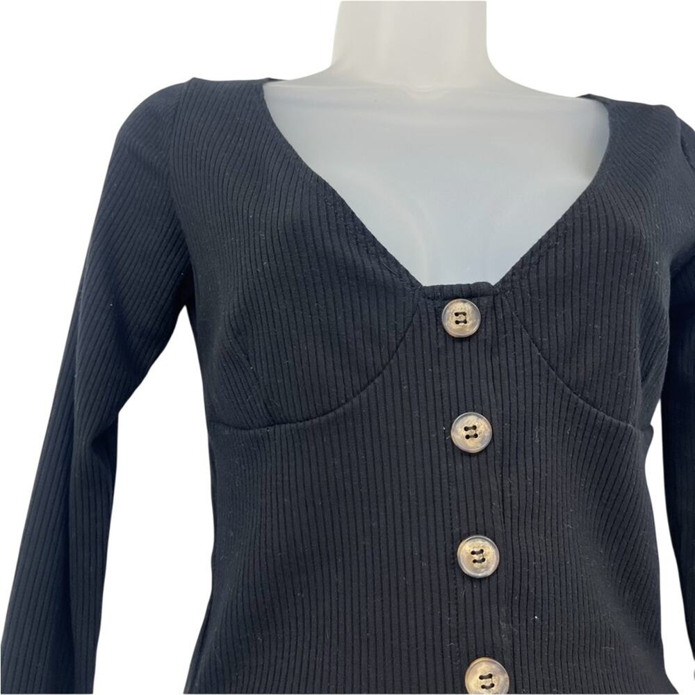 Reformation Black Ribbed Button Front Long Sleeve Top Women’s Medium Perfect - Picture 3 of 7